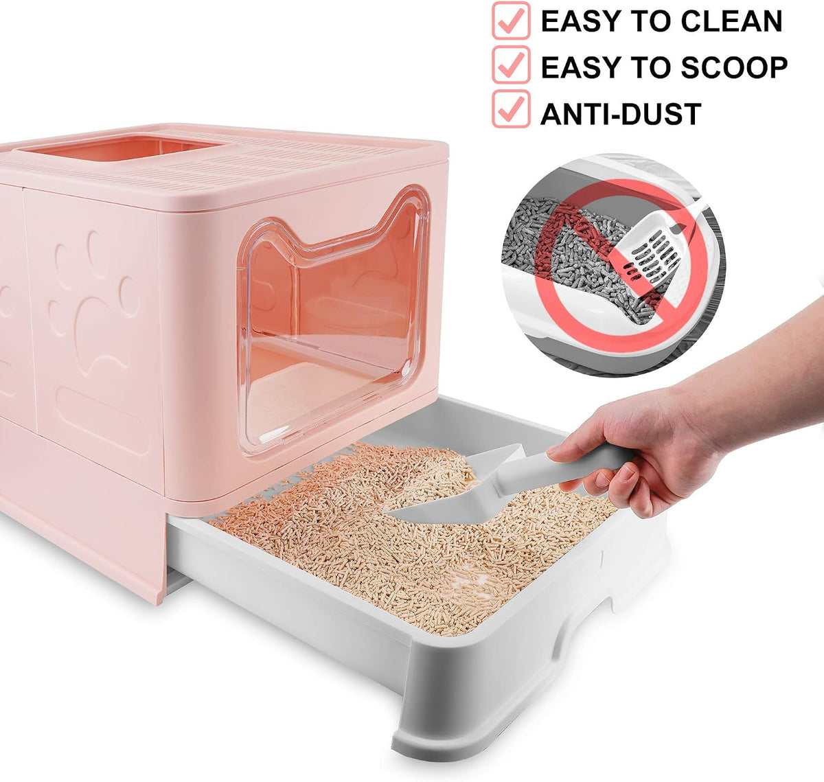 Foldable Litter Box with Lid, Extra Large Litter Box with Cat Litter Scoop, Drawer Type Litter Pan Easy to Scoop & Low Tracking (Pink, 20" L X 16" W X 15" H)