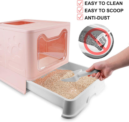 Foldable Litter Box with Lid, Extra Large Litter Box with Cat Litter Scoop, Drawer Type Litter Pan Easy to Scoop & Low Tracking (Pink, 20" L X 16" W X 15" H)