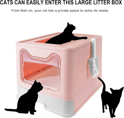Foldable Litter Box with Lid, Extra Large Litter Box with Cat Litter Scoop, Drawer Type Litter Pan Easy to Scoop & Low Tracking (Pink, 20" L X 16" W X 15" H)