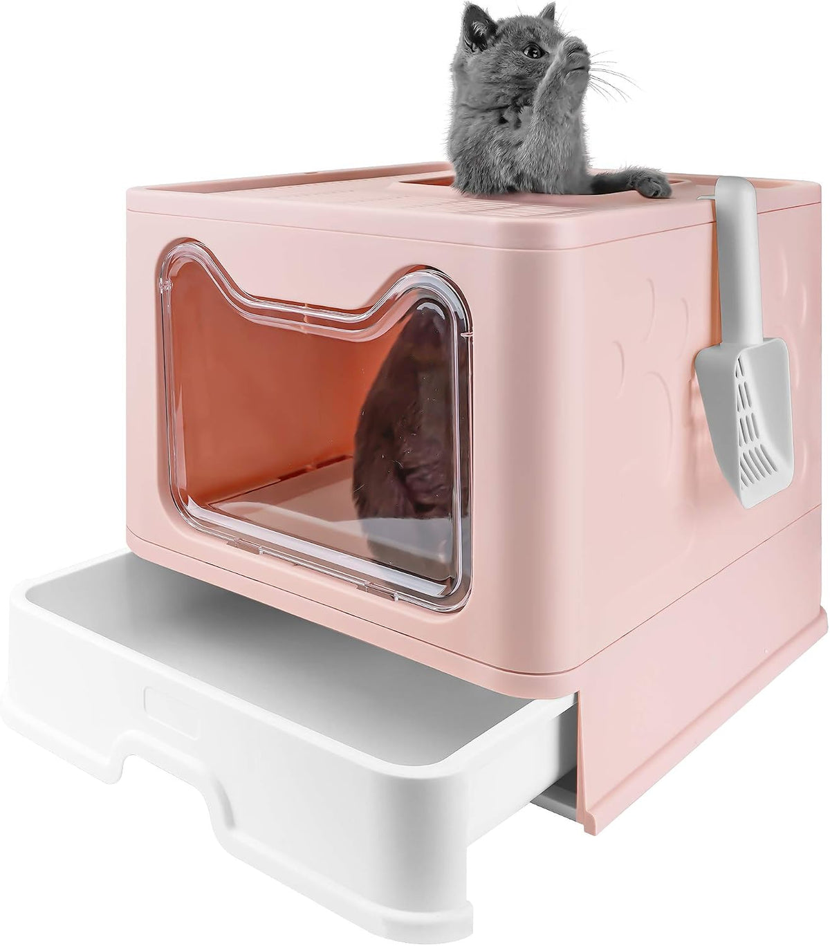 Foldable Litter Box with Lid, Extra Large Litter Box with Cat Litter Scoop, Drawer Type Litter Pan Easy to Scoop & Low Tracking (Pink, 20" L X 16" W X 15" H)