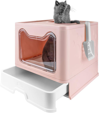 Foldable Litter Box with Lid, Extra Large Litter Box with Cat Litter Scoop, Drawer Type Litter Pan Easy to Scoop & Low Tracking (Pink, 20" L X 16" W X 15" H)
